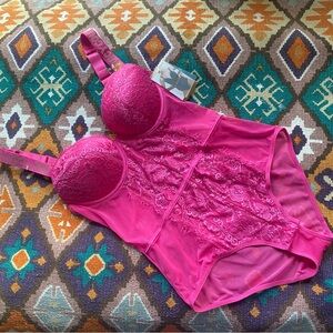 Juicy Couture Hot Pink Rhinestones Mesh ￼Lace Bodysuit Sexy Body Size Medium NEW